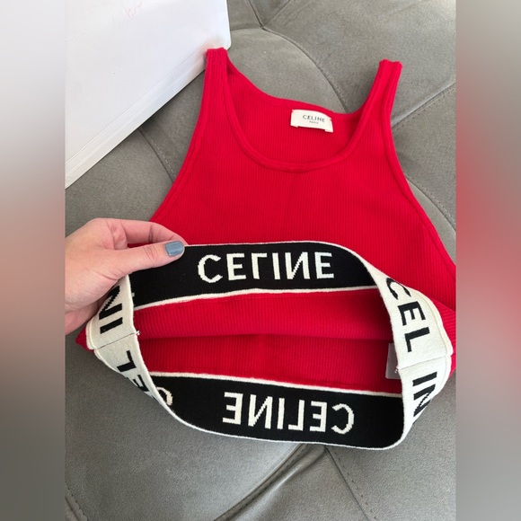 Celine Red Graphic Print Scoop Neck Crop Top Size S Logo Top - Picture 9 of 16